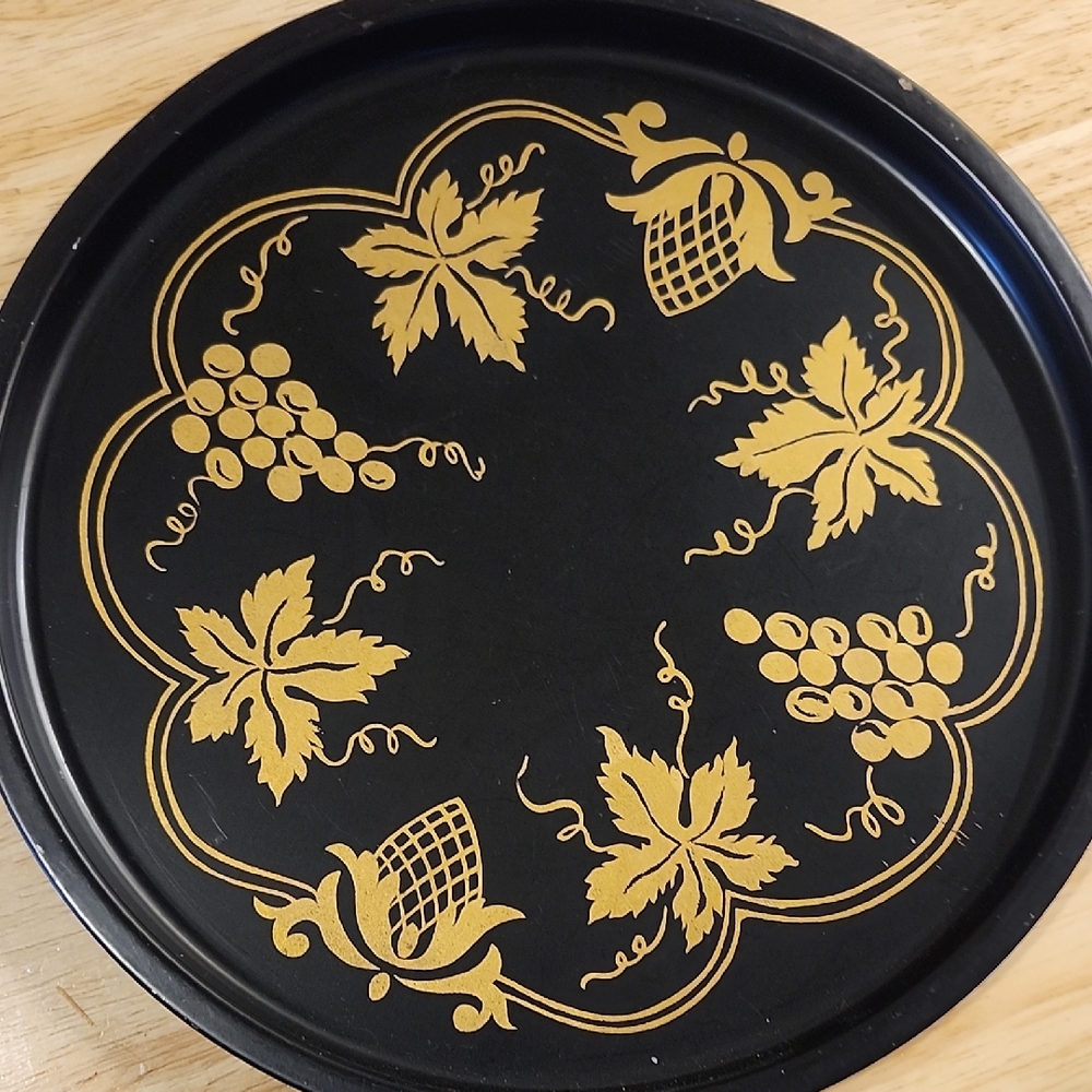 Vintage Black and Gold Round Decorative  Metal Tray